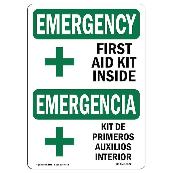 Safety Sign, OSHA EMERGENCY, 7" Height, Aluminum, First Aid Kit Inside Bilingual, Landscape